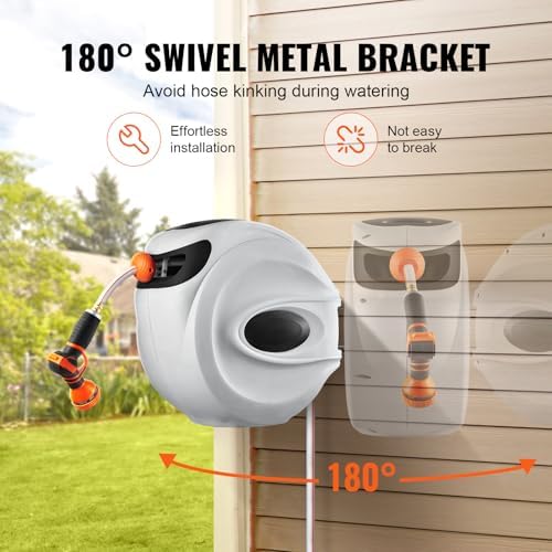 Happybuy Retractable Hose Reel - 130 ft x 1/2 inch Garden Water Hose with 180° Swivel Bracket, 9-Pattern Nozzle, Automatic Rewind, Lock at Any Length, Slow Return System - Image 3