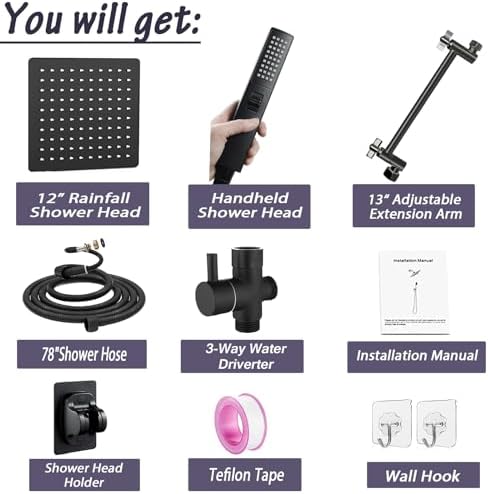 12" High Pressure Square Rain Shower Head and 2-in-1 Hand Shower, Rainfall Showerhead with 13" Shower Arm, Equipped with 78" Hose, Adhesive Shower Head Holder (Square Shower Head Set Black) - Image 2