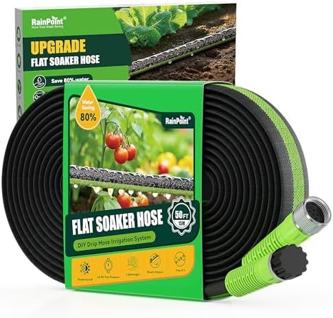 RAINPOINT Soaker Hose 50FT, 80% Water-Saving Drip Irrigation Hose for Garden, Leakproof and Flexible with Anodized Aluminum Ends, Double Layer Flat Soaking Hose for Flower, Vegetables and Tree, Green by RainPoint