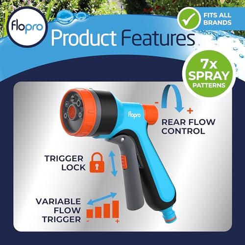 FLO-PRO - Multi Spray Gun: 7 x patterns soft, rose, fan, fill, mist, jet, cone. Hose gun includes trigger with lock & flow control. Garden hose pipe spray gun ideal for everyday use. Fits all brands - Image 4