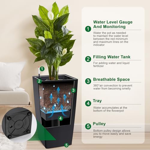 Garvee 30" Tall Planters Set of 2, Outdoor & Indoor Black Planter Pots, High Front Porch Planter Pots with Drainage Holes & Water Level Monitor & Inner Bucket, Black - Image 2