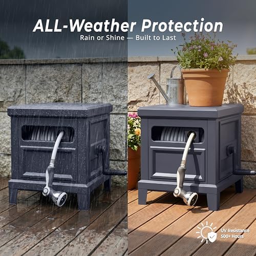 Garden Hose Reel Hideaway, Heavy Duty Metal Hose Reel Box Holds 125FT x 5/8" Hose, Steel Hose Storage Box with Manual Crank, Hose Guide and Leak-Proof Aluminum Connections, Stable 4-Leg Base - Image 7