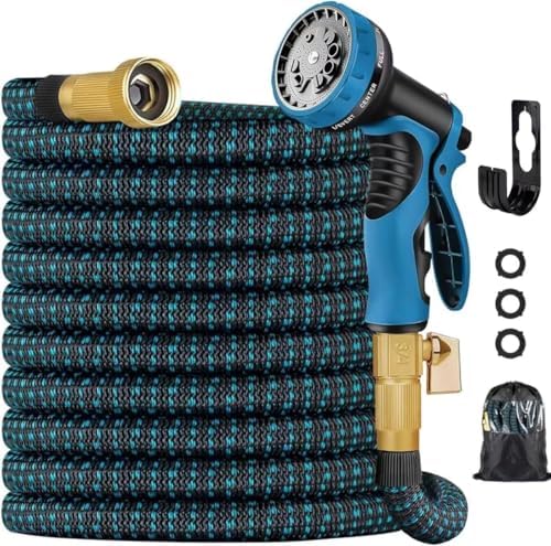100 ft Expandable Garden Hose - Kink Free Flexible Water Hose with Controlled 10-Function Nozzle, 3/4 Solid Connectors, Durable 3750D Fabric, 4-Layer Latex Core by Qxiaofei