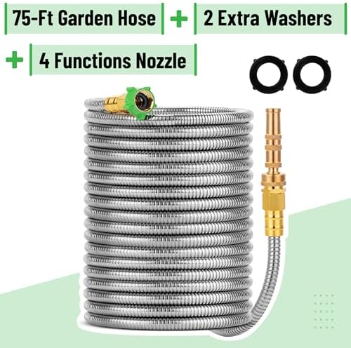UNCO- Stainless Steel Metal Hose with 4 Function Brass Nozzle, 75 ft, No Kink, Metal Garden Hose - Image 2