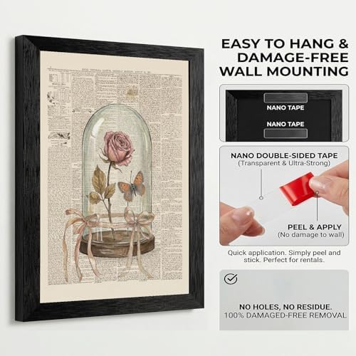 Framed Canvas Wall Art Vintage Mixed Media Dried Rose and Butterfly Cloche Muted Pink and Earthy Sepia Tones Canvas Print Poster Black Frame Wall Decor for Study Room Cottagecore Art, 16x20 Inch - Image 3