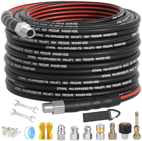 Sewer Jetter Kit for Pressure Washer 50FT, Drain Cleaner Hose 1/4 Inch NPT, NPT Corner Swivel and Push Button Nose Sewer Jet Nozzle Wrenches Gloves Waterproof Tape Pearl Brooch,5800PSI by SITIMIMIL