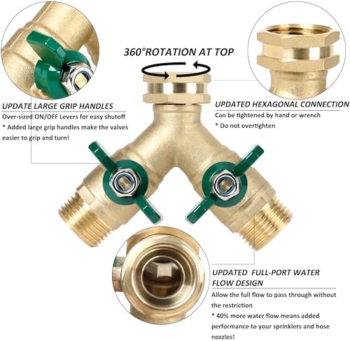 STYDDI Garden Hose Splitter Full Flow, Brass Heavy Duty Hose Splitter 2-Way High Flow, All Metal Hose Y Splitter with Shutoff, Outdoor Faucet Splitter Hose Connector, Water Hose Y Valve Tap Adapter - Image 5