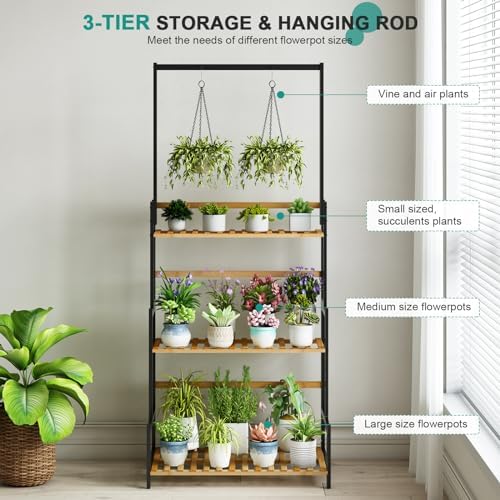 Ufine Bamboo Hanging Plant Stand 3 Tier Ladder Shelf with Hanging Rod - Image 3