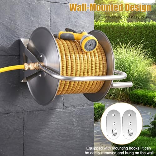 Stainless Steel Garden Hose Reel, Wall/Floor Mounted Heavy Duty Water Hose Reel with Crank Handle & 6.5 FT Leader Hose, Holds 75 FT x 5/8″ or 130 FT x 1/2″ Hose for Yard, Garden, Patio - Image 2