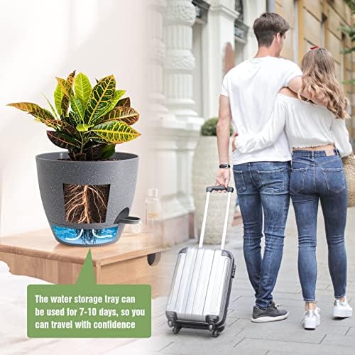 UOUZ Large Self Watering Pots, 12/10/9 Plastic Planters with High Drainage Holes and Deep Reservoir for Indoor Outdoor Garden Plants and Flowers, Grey Speckles - Image 5