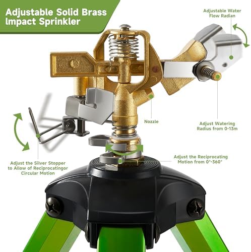 Impact Sprinklers on Tripod Base with Ground Plugs,Heavy Duty Brass Head Sprinkler with 360 Degree Spray,0-44ft Large Area Irrigation,Tripod Sprinkler with Extension Legs for Yard Garden Lawn,1 Pack - Image 3