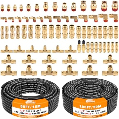 CheeMuii 76 Pcs Brass DOT Air Line Fittings with 1/4" & 3/8" DOT Air Hoses by CheeMuii