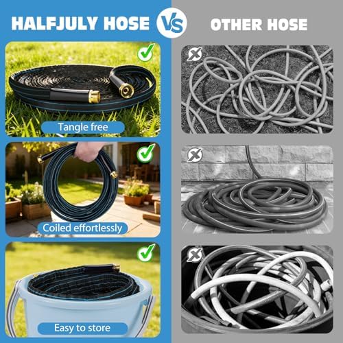 Halfjuly Garden Hose 100FT, Flat Non-Expandable Lightweight Water Hose, Durable Flexible Heavy Duty No Kink Design with 3/4" Fittings, 10 Way Spray Nozzle for Outdoor Yard Lawn - Image 4