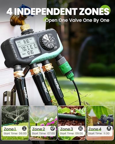 RAINPOINT Sprinkler Timer, 4 Outlets Hose Timer with Brass Inlet with Rain Delay/Manual/Automatic Controller System, Programmable Digital for Lawn Yard, 4 Zone (Sky Blue, 4 Outlets) - Image 5