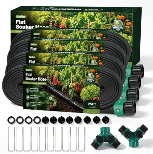 Flat Soaker Hose 25FT x 4 Pack, Soaker Hose 25ft Drip Hose Kit with 2 Splitters and 10 Staples, 100 ft Total Drip Irrigation Hose for Garden Beds, Vegetables, Flowers (25ft 4-pack) by Sunifier