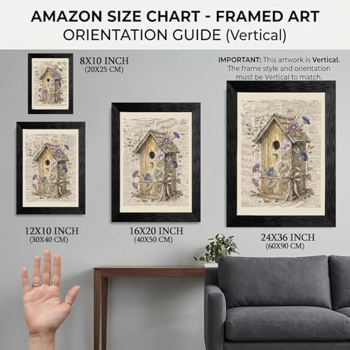 Framed Canvas Wall Art Vintage Mixed Media Birdhouse and Morning Glories Sepia Print Canvas Print Poster Black Frame Wall Decor for Bedroom Study, Cottagecore Art - 24x36 Inch - Image 2