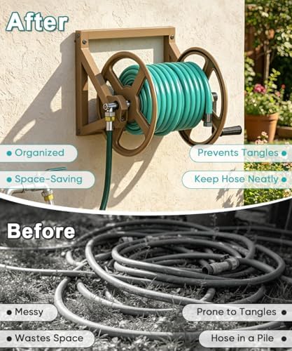 Artigarden Garden Hose Reel Wall Mounted, Outdoor Heavy Duty Powder Coated Metal Water Hoses Holder Winder Holds 125 ft 5/8" Hoses with 3.9ft Leader Hose, Stainless Steel Connector for Outside, Brown - Image 6