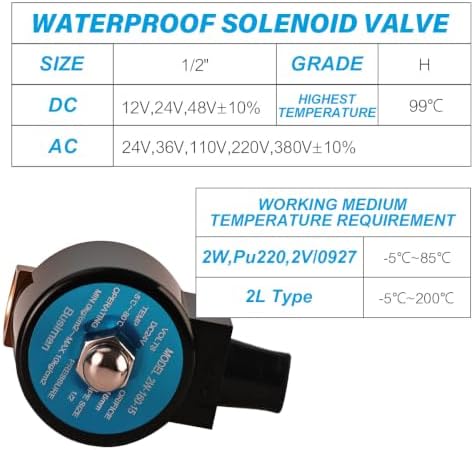 Waterproof Brass Electric Solenoid Valve 1/2" 12V DC Brass Normally Closed - Compatible with Water, Air, Diesel, Gas - Replaceable VITON Seal - Compact Direct Acting - Image 3