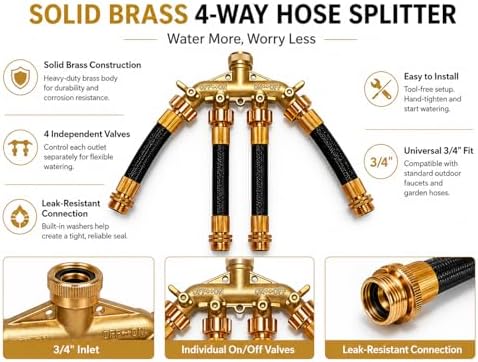 4 Way Brass Hose Splitter 3/4 inch Garden Hose Connector Outdoor Faucet Splitter With Shut off Valves Hose Extensions Lawn Irrigation Watering Adapter Yard Cleaning Garden Hose Adapter - Image 5