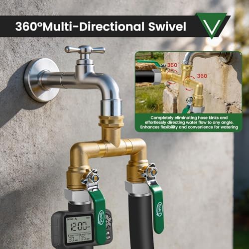 2 Way Heavy Duty Brass Garden Hose Splitter, 360° Rotatable Y Valve, Full Flow Large Ball Valve, Long Handle, Thickened Solid Brass, 3/4" GHT Thread for Outdoor Faucet, Lawn Irrigation, Car Wash - Image 6