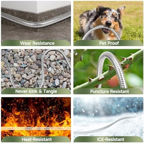 Metal Garden Hose 100 ft Stainless Steel Water Hose Heavy Duty with 10 Way Nozzle-Flexible Lightweight Durable No Kink & Tangle Hoses Pipe Strong 3/4’’ Solid Brass Fitting for Outdoor Yard - Image 4