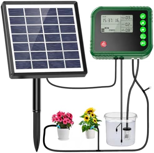 Lewisia Solar Automatic Drip Irrigation Kit with Timer and Water Sensor for 15 Potted Plants Self Watering System DIY Plant Waterer Auto-Irrigation Set for Garden Raised Beds Patio Greenhouse by Lewisia