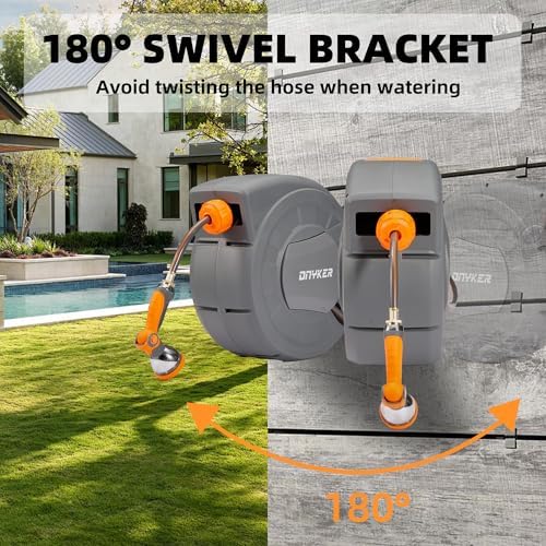 Retractable Garden Hose Reel, 1/2 inch x 100 ft Water Hose Reel Wall Mounted, Any Length Lock, Slow Auto-Rewind, 180°Swivel Bracket & 10 Pattern Nozzle - Image 4