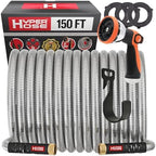 Best 150 ft Metal Garden Hose Set - No-Kink Durable 316 Stainless Steel, 10-Way Zync Spray Nozzle & Hook – Tough Flexible Heavy Duty Water Hoses, 5/8 in, Rust, Weather, LeakProof by HYPERHOSE