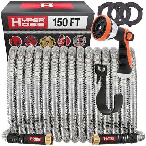 Best 150 ft Metal Garden Hose Set - No-Kink Durable 316 Stainless Steel, 10-Way Zync Spray Nozzle & Hook – Tough Flexible Heavy Duty Water Hoses, 5/8 in, Rust, Weather, LeakProof by HYPERHOSE
