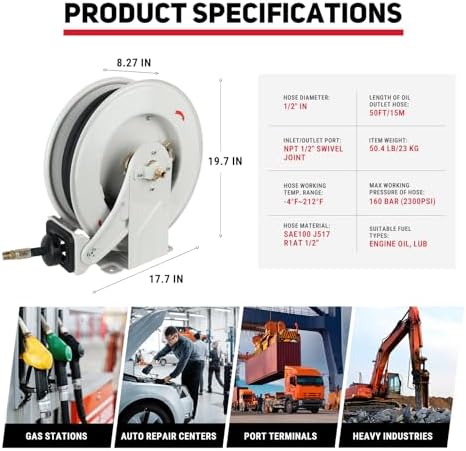 Oil Hose Reel 1/2" x 50', Retractable Spring-Driven Steel Reel - Image 6