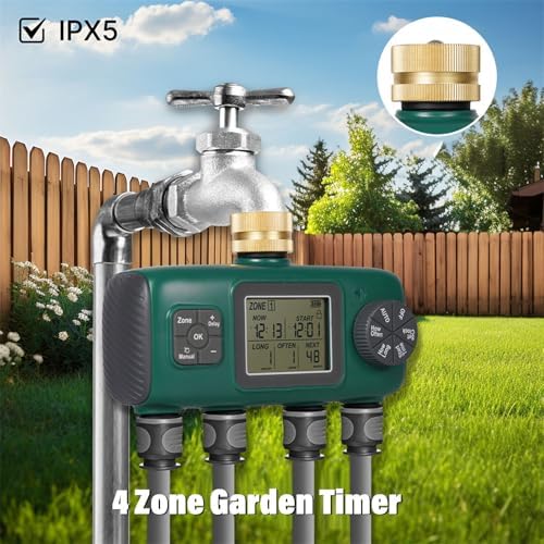 Diydeg Sprinkler Timer, 3/4in Brass Inlet 4 Zone Programmable Water Timer with Rain Delay, Automatic Irrigation Controller System Outdoor Soaker Hose Timer for Garden Hose, Yard - Image 6