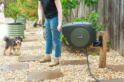 Garden Hose Reel Retractable 1/2" x 65ft Wall Mounted Hose Reel Automatic Rewind, Any Length Lock with 9 Patterns Sprayer Nozzle, Quick Connector and Adjustable shot Nozzle-Seaweed Green - Image 2
