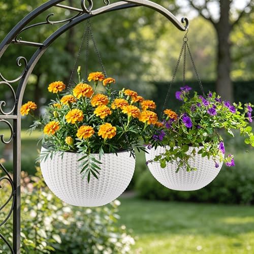 13.4 inch Self-Watering Hanging Planters, 13.4 Inch Rattan Style, White, 2 by Noeko