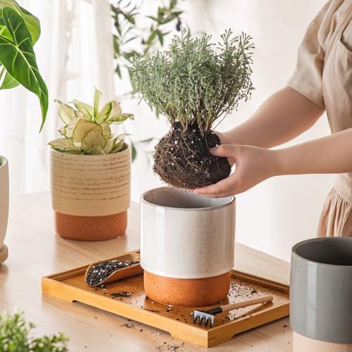 6 Inch Ceramic Self Watering Planter with Drainage Hole, Grey - Image 5
