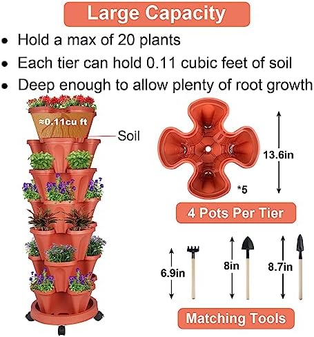 GameXcel Vertical Planter Tower - 7 Tier Stackable Garden Planters with Wheels and Tools Plant Pots for Strawberry Herb Flower and Vegetable Indoor Outdoor Use Red 2 Pack - Image 5