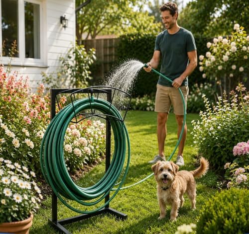 Garden Hose Holder Stand Freestanding with Arched Top Design, Heavy Duty Metal Water Hose Rack for Outside Yard Lawn, Stable Double-Pole Structure with Ground Spikes by Unknown
