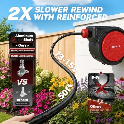 BILITOOLS Retractable Garden Water Hose Reel, 1/2" x 50 ft Wall Mount - Image 2