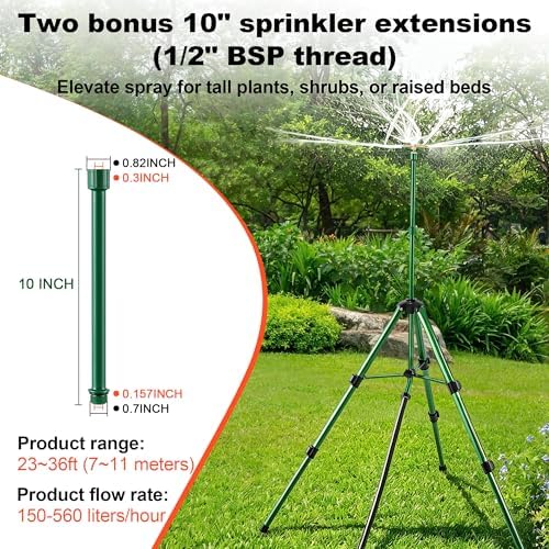 3-Arm Sprinkler Head on Telescoping Tripod Base with 2 Sprinkler Extensions, Heavy Duty Lawn Sprinklers, 360 Degree Large Area Irrigation, Solid Metal Extension Legs & Bottom Spikes - Image 4