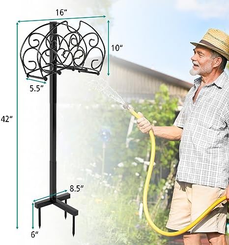 Goplus Garden Hose Holder, 42" Detachable Metal Hose Stand Rack with 3 Anchor Points, Freestanding Heavy Duty Hose Organizer for Outside Yard Garden Lawn Use, Store 150FT Water Pipes - Image 4