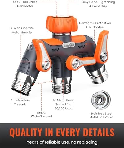 RAINPOINT 3 Way Hose Splitter, 100% Metal Heavy Duty Garden Hose Splitter With 1.9" Extra Long Handle & Individual Shut Off, 3/4 Inch GHT Thread Water Hose Connector For Spigot Faucet (Orange) - Image 3