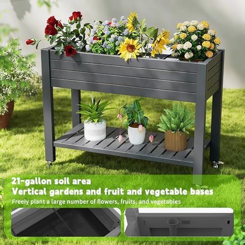 Elevated Raised Garden Bed with Legs, 33.66" Tall Self-Watering Resin Outdoor Planter Box with Storage Shelf, Drain Plug Water & Monitor for Plants Vegetables Flowers Fruits (Black) - Image 5