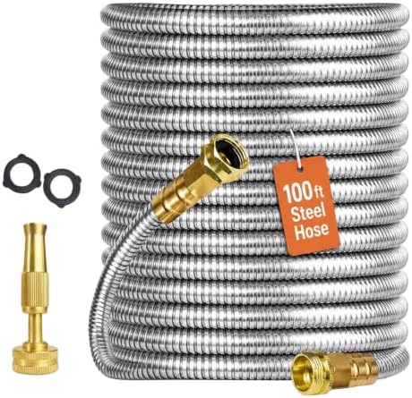GarveeLife 100 FT Stainless Steel Garden Hose, Heavy-Duty Water Hose with Adjustable Brass Nozzle, No Kink & Leak-Resistant, Lightweight Flexible Hose for Lawn, Yard Watering, RV & Car Washing by GarveeLife