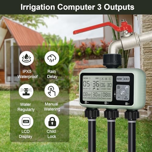 Watering Timer 3 Zone, Sprinkler Timer, Programmable Garden Outdoor Hose Faucet Timer with Rain Delay, Auto & Manual Watering System,Water Hose Irrigation Timers 3 Outlet for Garden Lawn - Image 3