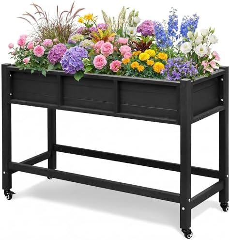 DWVO Raised Garden Bed HDPE with Wheels 47x18x31in Weather-Resistant Poly Wood Raised Planter Box Outdoor with Legs, Elevated Planter Box for Patio Balcony Backyard, Black by DWVO