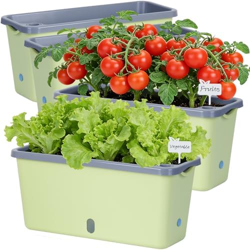 Oliz Window Box Planter 4 Packs, 14 Inches Rectangle Flower Pots with Breathable Drainage Holes, Pots for Vegetables, Herbs, Flowers, Garden Windowsill Balcony (Green & Grey) by Oliz
