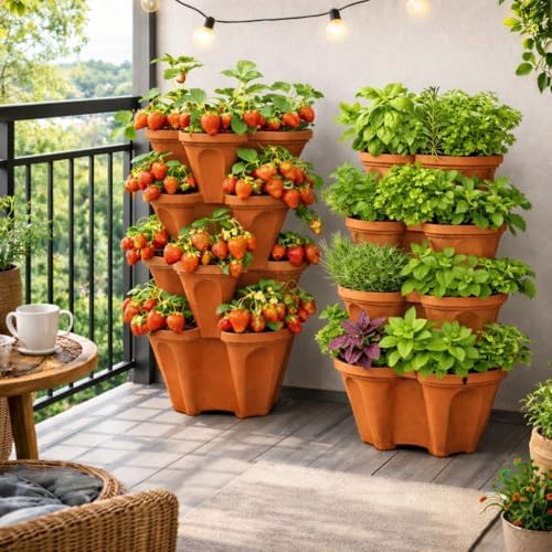 Vertical Garden Planter 4 Tier Stackable System 16 Plants, Space Saving Herb, Strawberry & Food Crop Planter with Center Support Hole for Indoor Outdoor Gardening (4, Terracotta, Small) - Image 4