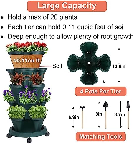 GameXcel Vertical Planter Tower - 5 Tier Stackable Garden Planters with Wheels and Tools Plant Pots for Strawberry Herb Flower and Vegetable Indoor Outdoor Use Green - Image 5