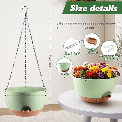 13-inch Oversized Hanging Planter Set of Two,Planters for Indoor and Outdoor Plants.Place Plant pots Across Diverse Settings Including windowsills,Living Room,and Gardens.Green-Brown - Image 3
