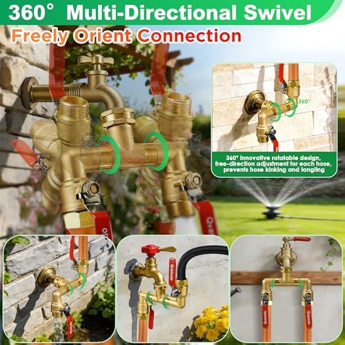 360° Rotatable Garden Hose Splitter 2026 Upgrade 3/4" GHT Swivel Brass Hose Splitter, High Flow Spigot Splitter with Seperately Shut Off Valves, Heavy Duty Faucet Splitter for Outdoor Garden Courtyard - Image 2