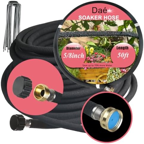 Daé Rubber Soaker Hose, 5/8 inch, 50ft Garden Hose for Irrigation,Water-Saving up to 70%, Metal Connector Leak-Proof, Heavy-duty Hose, Watering for Trees,Lawns, Vegetables and Flowers. by Unknown